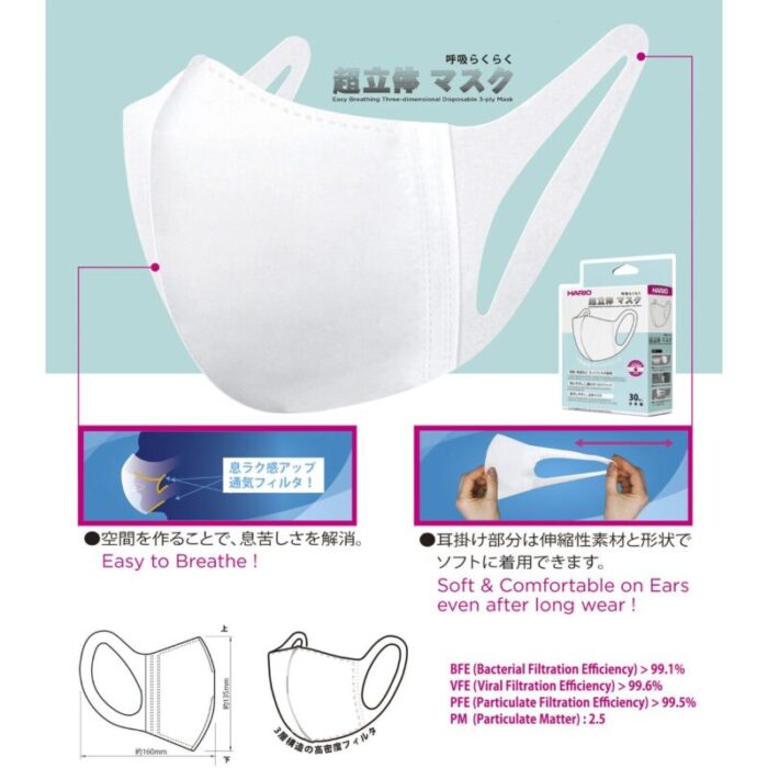 hario easy breathing 3 d disposable 3 ply mask 2 packs60 piece premium quality made in japan 240611110012 2